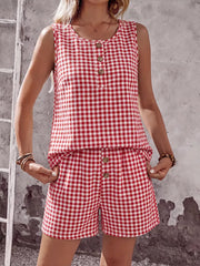 Red gingham two-piece set with button-down top and shorts.