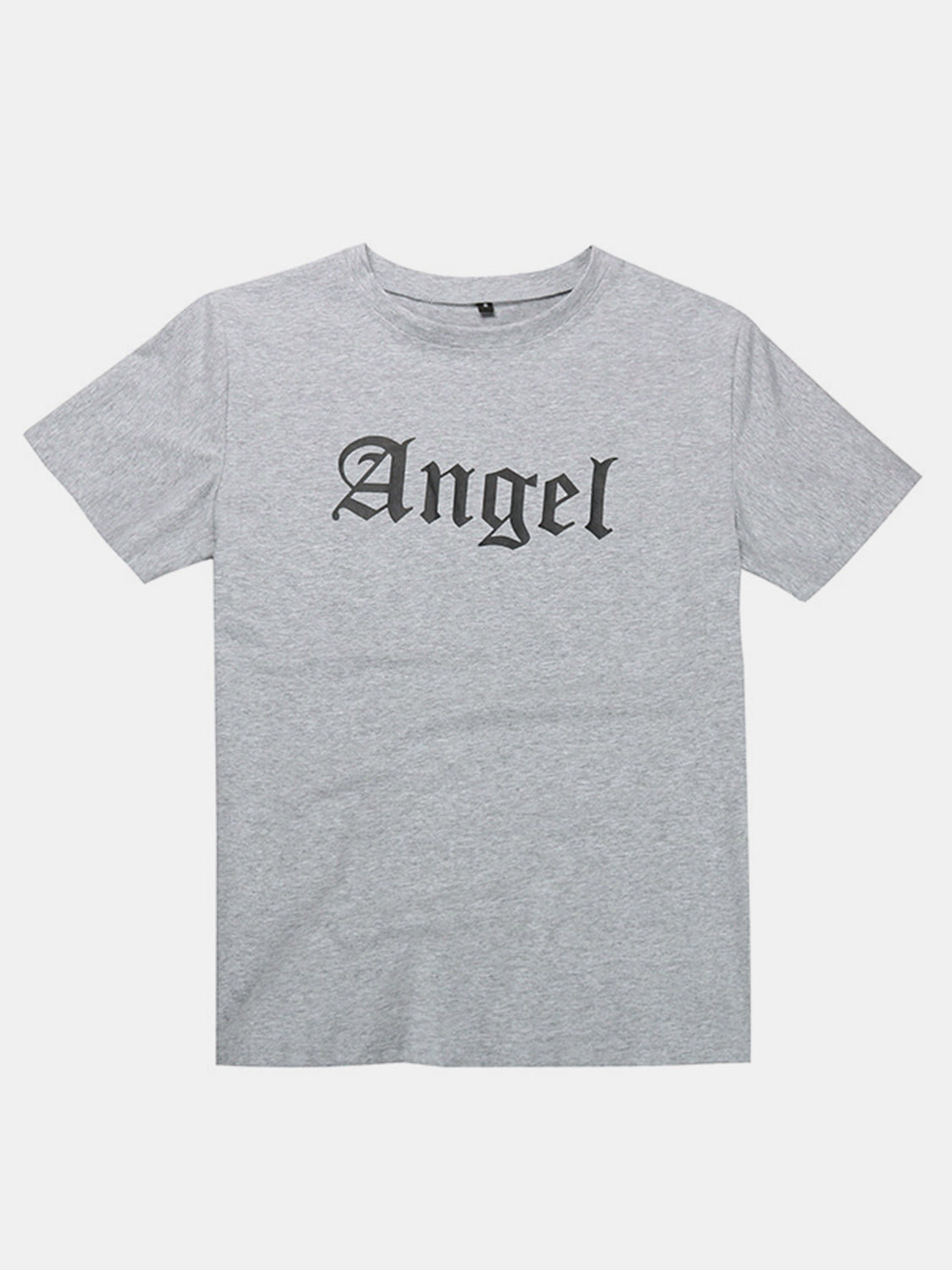 Gray Angel script t-shirt with short sleeves and crew neck.