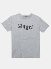 Gray Angel script t-shirt with short sleeves and crew neck.