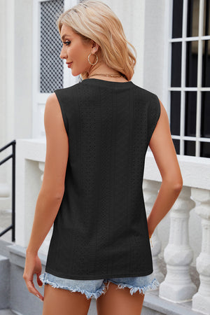 Black perforated sleeveless button-down blouse with a crew neck.