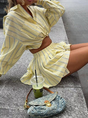 Chic Striped Two-piece Shirt And Shorts Set