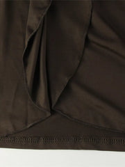 Maternity maxi dress in coffee brown with tie detail and ruffled hem.