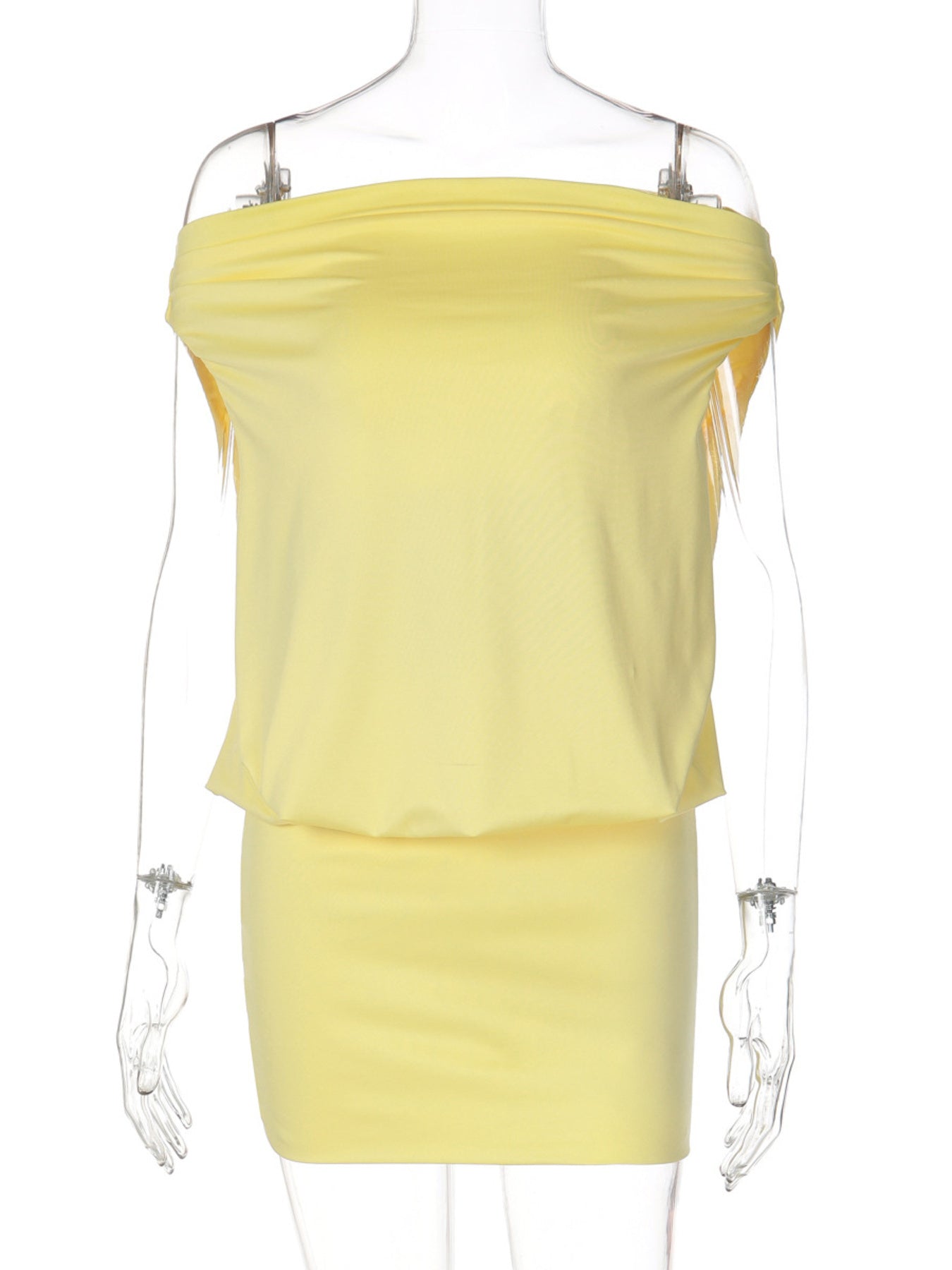 Off-shoulder ruched mini dress in yellow with a strapless neckline and gathered detail.