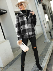 Luxe plaid sherpa zip-up jacket in charcoal with a collared neckline.