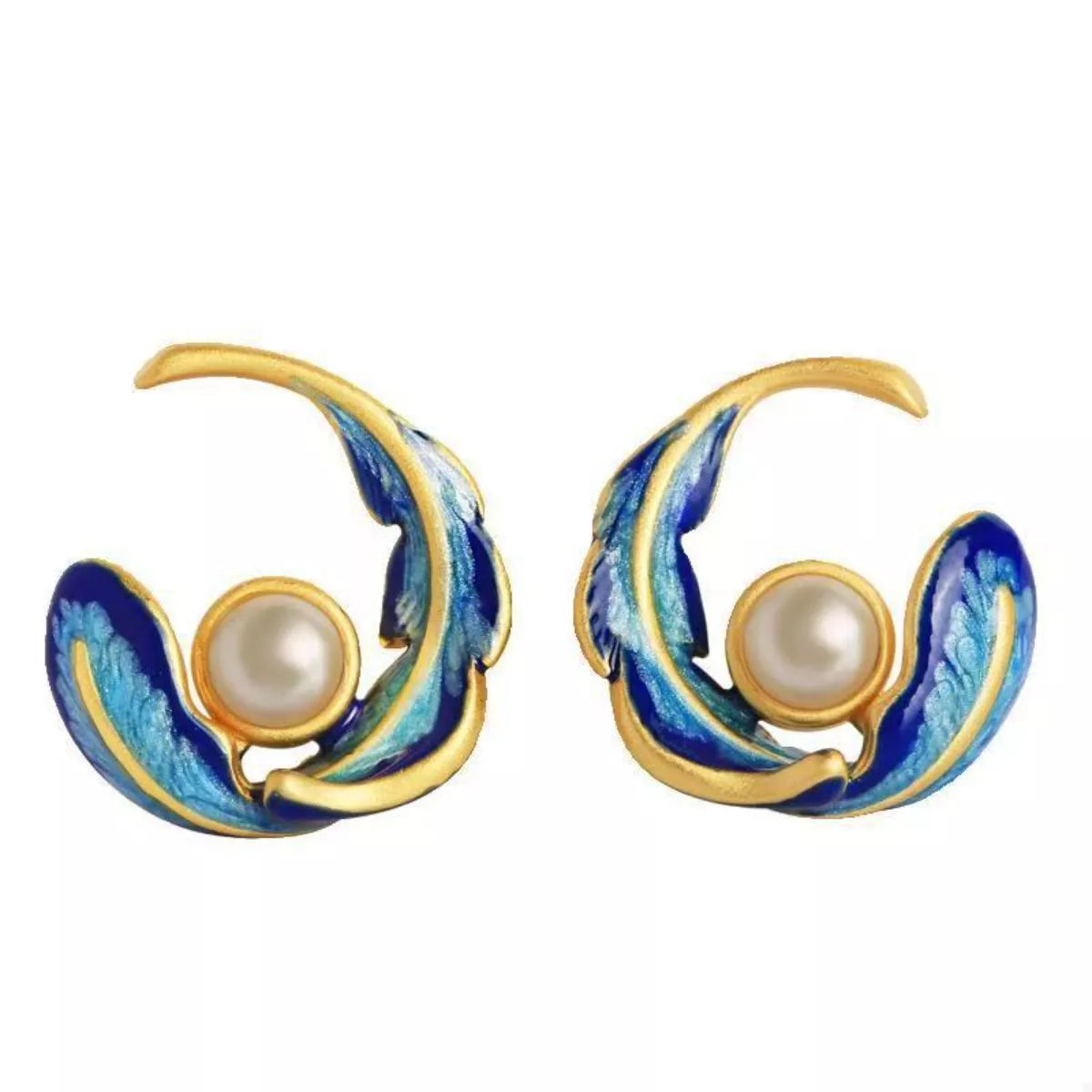 Elegant blue feather earrings with pearl detail and gold accents