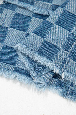 Checkered denim mini dress with frayed hems and a casual chic style.