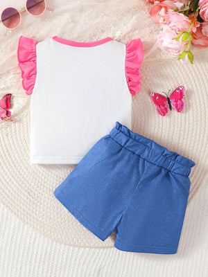Baby girl set with white ruffled sleeve top and blue denim shorts.