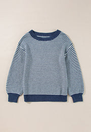 Blue and white striped knit pullover sweater with crew neck and ribbed cuffs and hem.