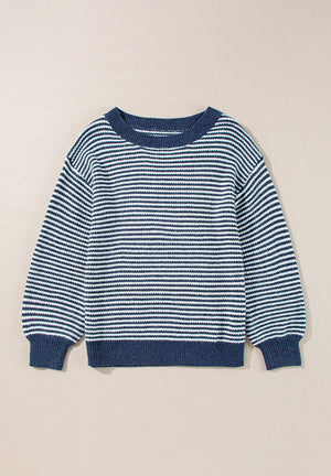 Blue and white striped knit pullover sweater with crew neck and ribbed cuffs and hem.