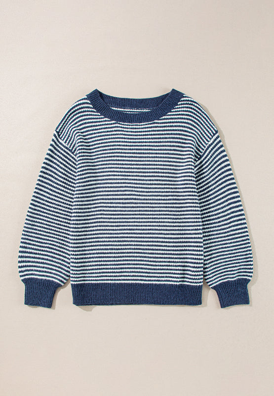 Blue and white striped knit pullover sweater with crew neck and ribbed cuffs and hem.