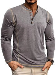 Men's gray long sleeve t-shirt with button detail and contrast stitching