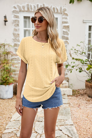 Light Yellow perforated sleeve tee with rolled cuffs and crew neck, casual summer top.
