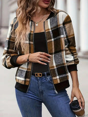 Plaid bomber jacket in caramel and black with ribbed cuffs and collar.