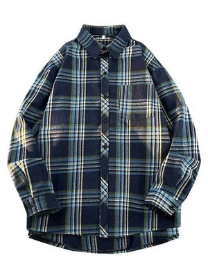 Vintage oversized plaid button-up shirt in blue and white cotton with a chest pocket.