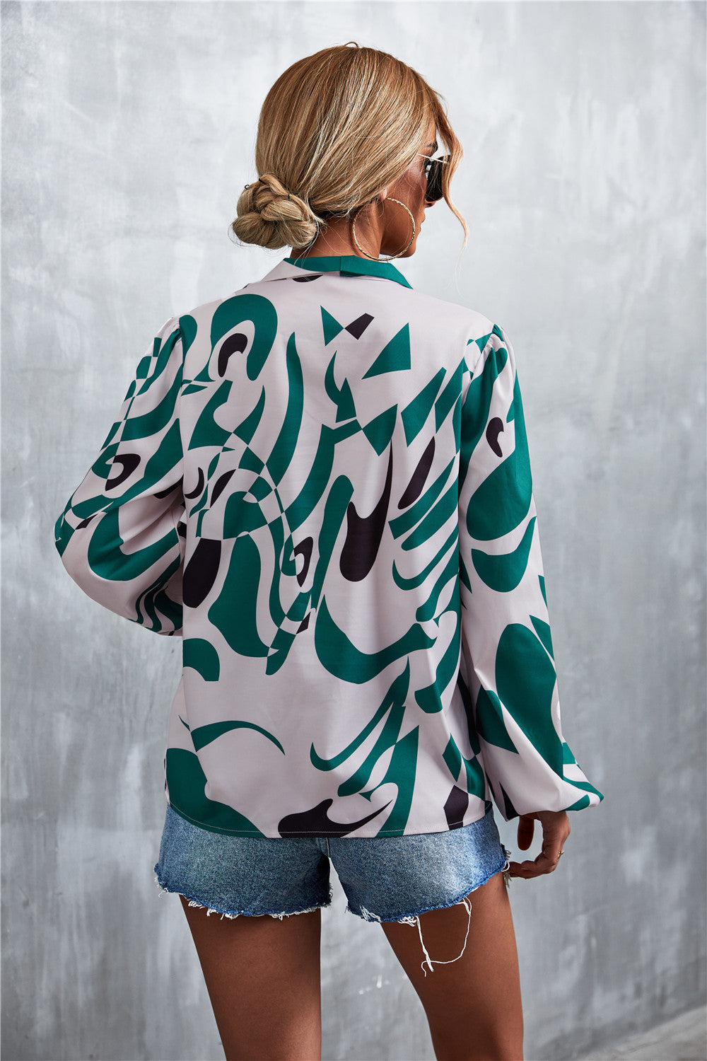 Women's green abstract print pussy bow blouse with balloon sleeves