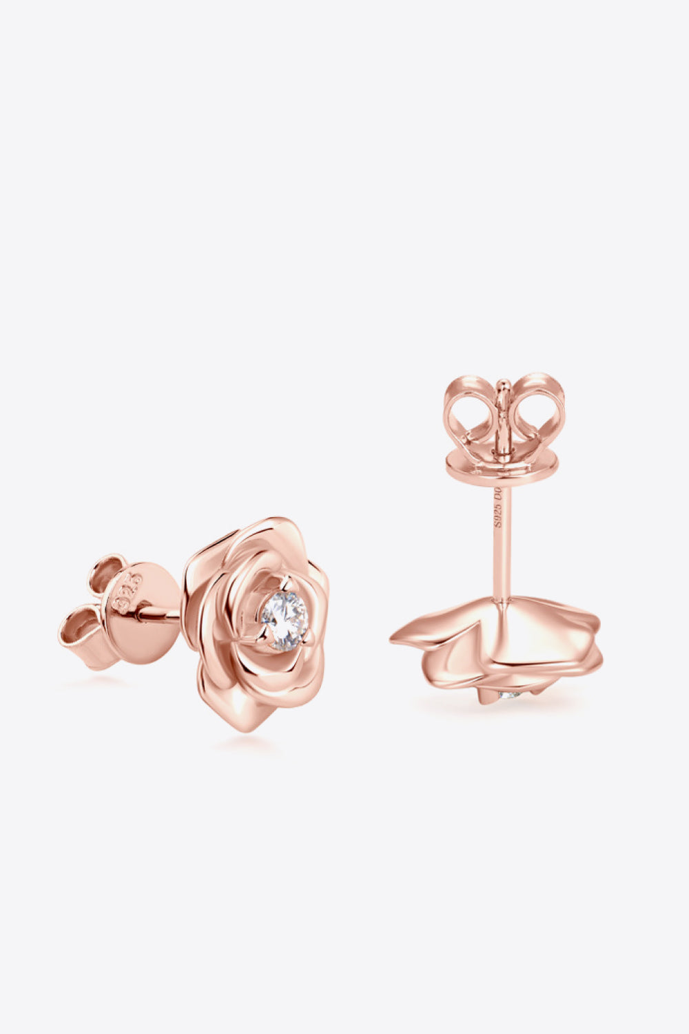 Rose gold rose stud earrings with diamond center detail