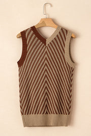 Chevron knit vest in brown and tan with a V-neck and ribbed hem.