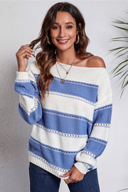 Blue and white striped off-shoulder sweater with perforated details.