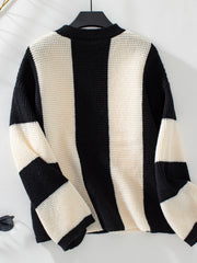 Colorblock stripe knit sweater with waffle texture in black and cream.