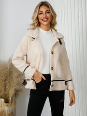 Cream teddy textured jacket with leatherette trim and button closure