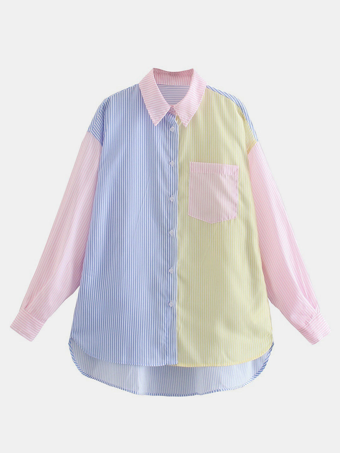 Colorblock striped oversized button-down shirt with a chest pocket.