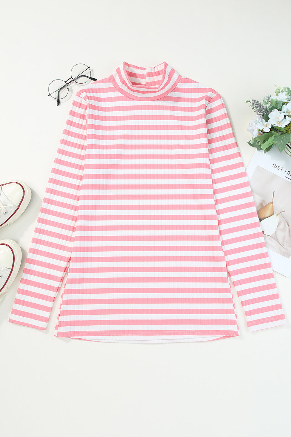 Ribbed stripe slim-fit turtleneck sweater in Carnation Pink with a high neck and long sleeves.