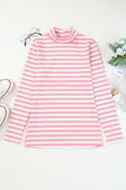Ribbed stripe slim-fit turtleneck sweater in Carnation Pink with a high neck and long sleeves.