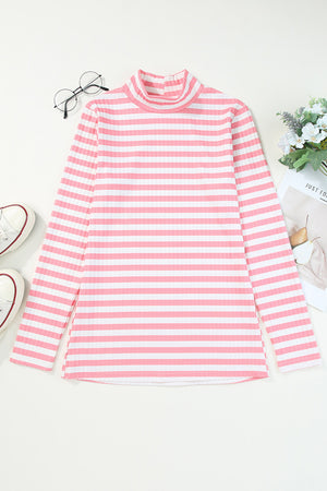 Ribbed stripe slim-fit turtleneck sweater in Carnation Pink with a high neck and long sleeves.