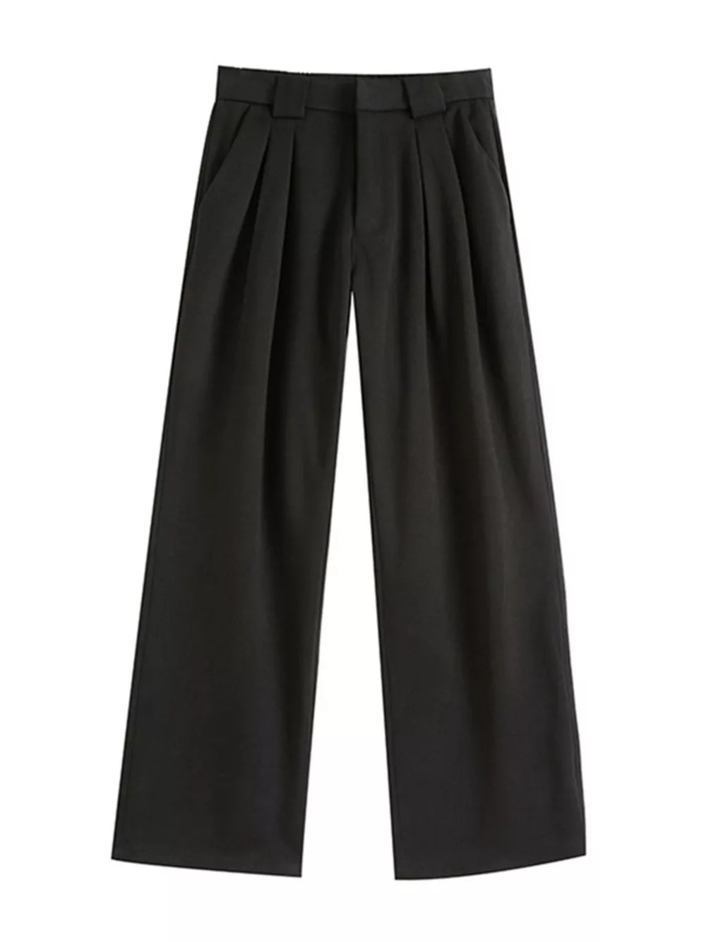 Black wide-leg pleated dress pants for men with a relaxed fit.