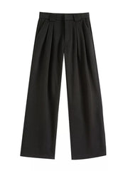 Black wide-leg pleated dress pants for men with a relaxed fit.
