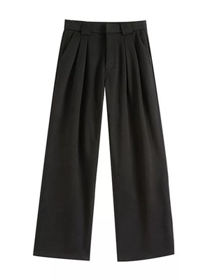 Black wide-leg pleated dress pants for men with a relaxed fit.
