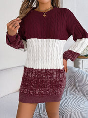 Colorblock cable knit mini dress in burgundy and white acrylic with crew neck and long sleeves.