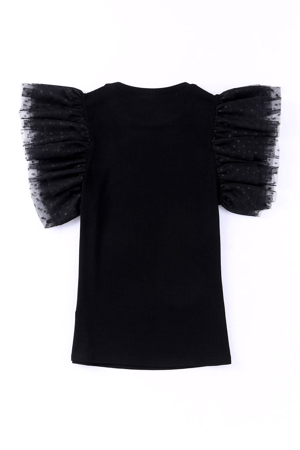 Black ribbed knit blouse with sheer dot mesh flutter sleeves.