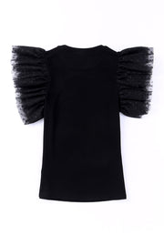Black ribbed knit blouse with sheer dot mesh flutter sleeves.