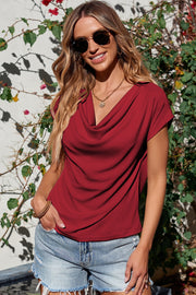 Cowl neck cap-sleeve tee in Rust, a casual top with draped neckline.