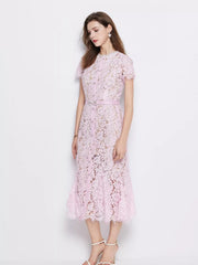 Powder floral lace mermaid dress with short sleeves and belt