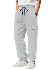 Light gray waffle knit joggers with drawstring and cargo pocket detail.