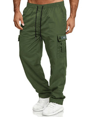 Army green cargo pants with adjustable waist and drawstring, featuring multiple pockets.