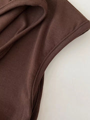 Brown textured ruching mock neck tank top with draped detail