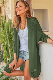 Open-knit Army Green cardigan with slit hem and diamond pattern detail.