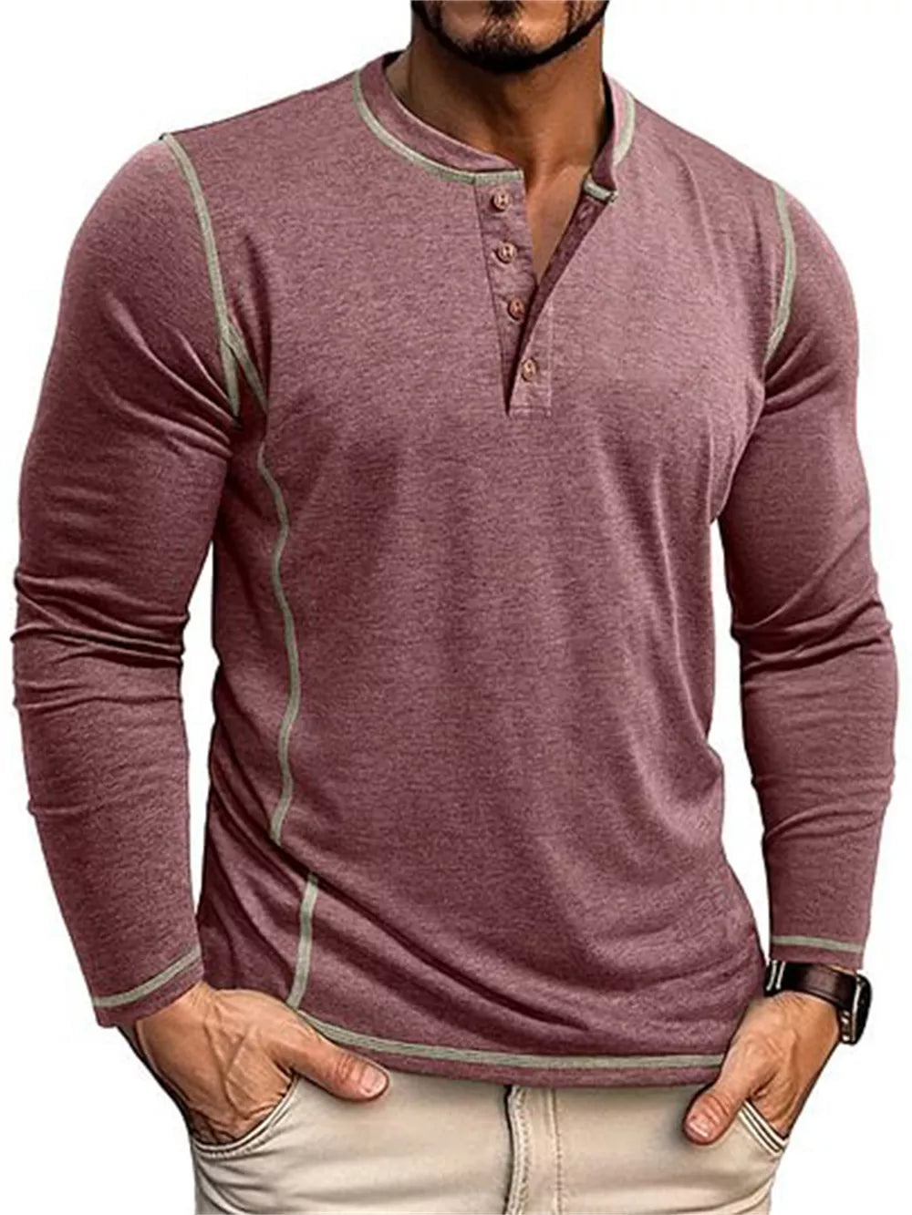 Men's casual long sleeve t-shirt in maroon with button detail and contrast stitching.