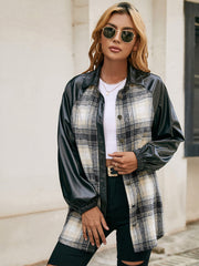 Plaid & faux leather raglan shacket with button front and elastic cuffs.