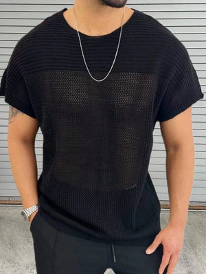 Black open knit boxy t-shirt with crew neck and short sleeves, made of acrylic.