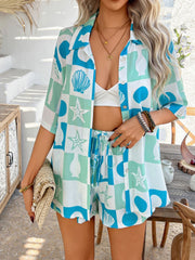 Coastal Tile Print Co-ord Set in Multicolor with button-down shirt and drawstring shorts.