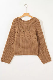 Brown textured knit pullover sweater with wide sleeves and open knit detail.