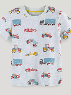 Toddler grey cotton t-shirt with a playful vehicle print including trucks, cars, tractors, and motorcycles.