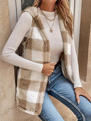 Hooded sherpa vest coat in khaki buffalo check with a fuzzy texture.