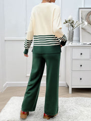 Color-blocked knit lounge set in cream and dark green with horizontal stripes on sleeves and hem.