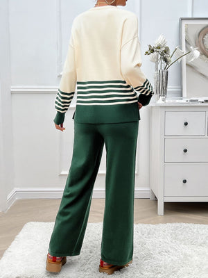 Color-blocked knit lounge set in cream and dark green with horizontal stripes on sleeves and hem.