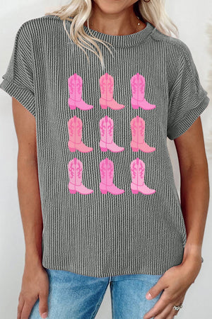 Dark gray vertical stripe tee with a graphic of pink cowboy boots.
